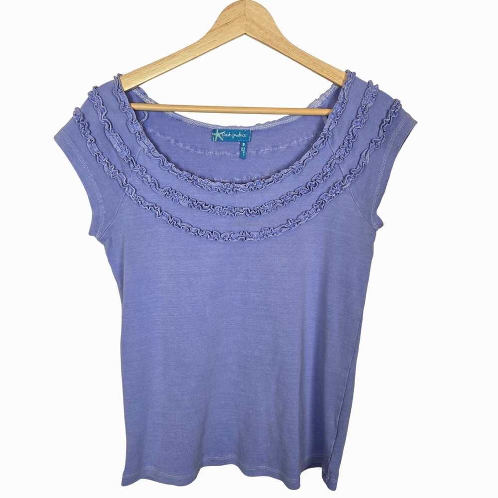 Fresh Produce Ruffle Neck Top Small‎ Lavender Purple Knit USA Cap Sleeve Casual